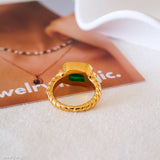 Chunky baguette emerald ring, Rectangle synthetic emerald ring, Chunky gold green stone ring, Gifts for her