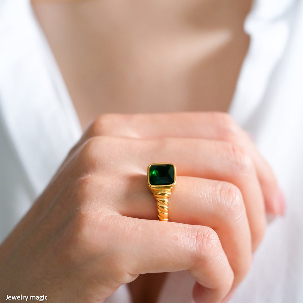 Chunky gold green stone ring, Gifts for her