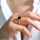 Chunky baguette emerald ring, Rectangle synthetic emerald ring, Chunky gold green stone ring, Gifts for her