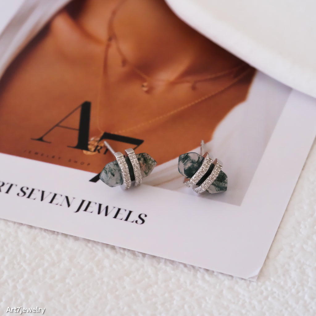 Moss Agate Stud Earrings, Genuine Agate,  Gifts for her