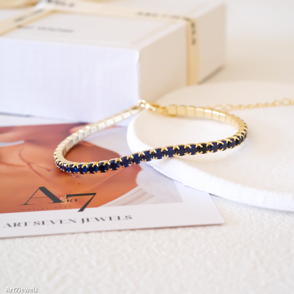 Dainty blue sapphire cz bracelet, 3mm tennis bracelet, Gifts for her, Unisex bracelet