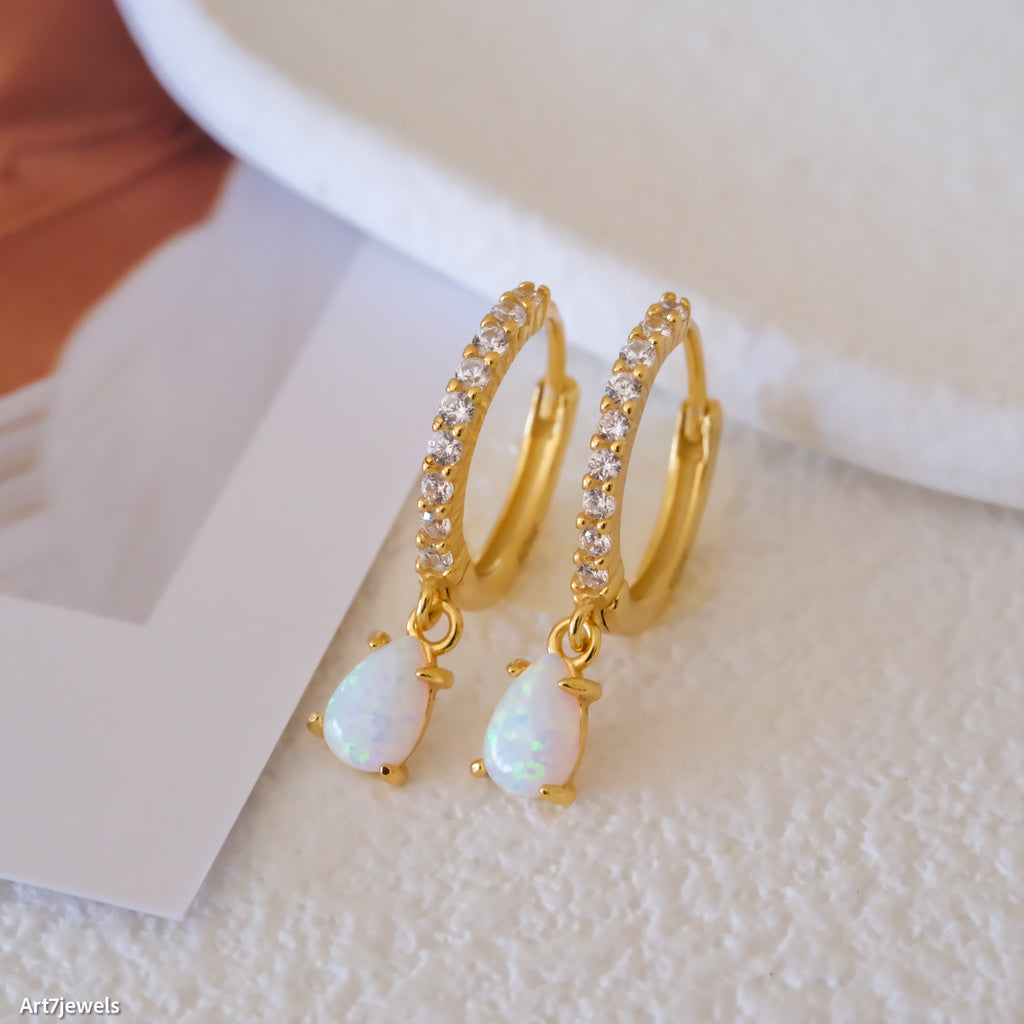 Dainty Opal huggie earrings, Pear fire opal drop earrings, Opal huggie hoop earrings, Sterling silver earrings, Gift for her