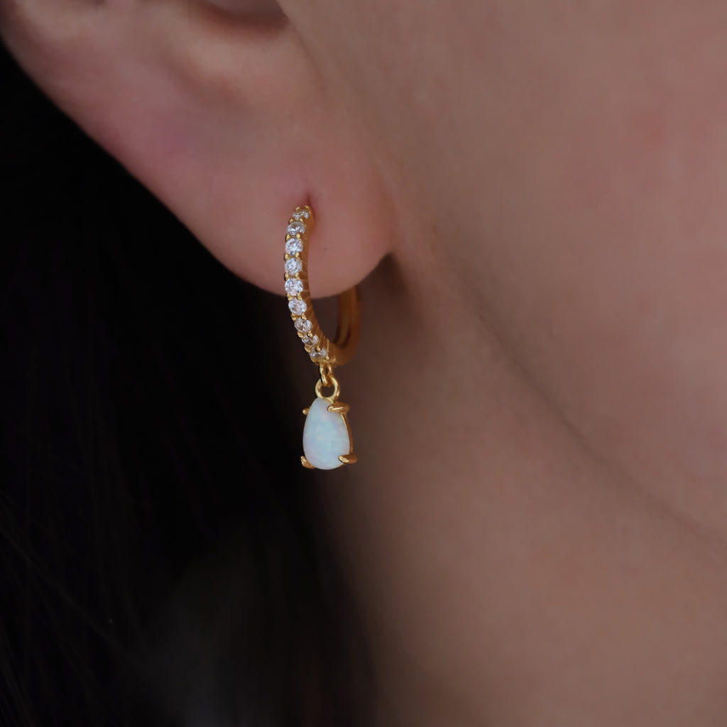Pear fire opal drop earrings, Opal huggie hoop earrings, Sterling silver earrings, Gift for her