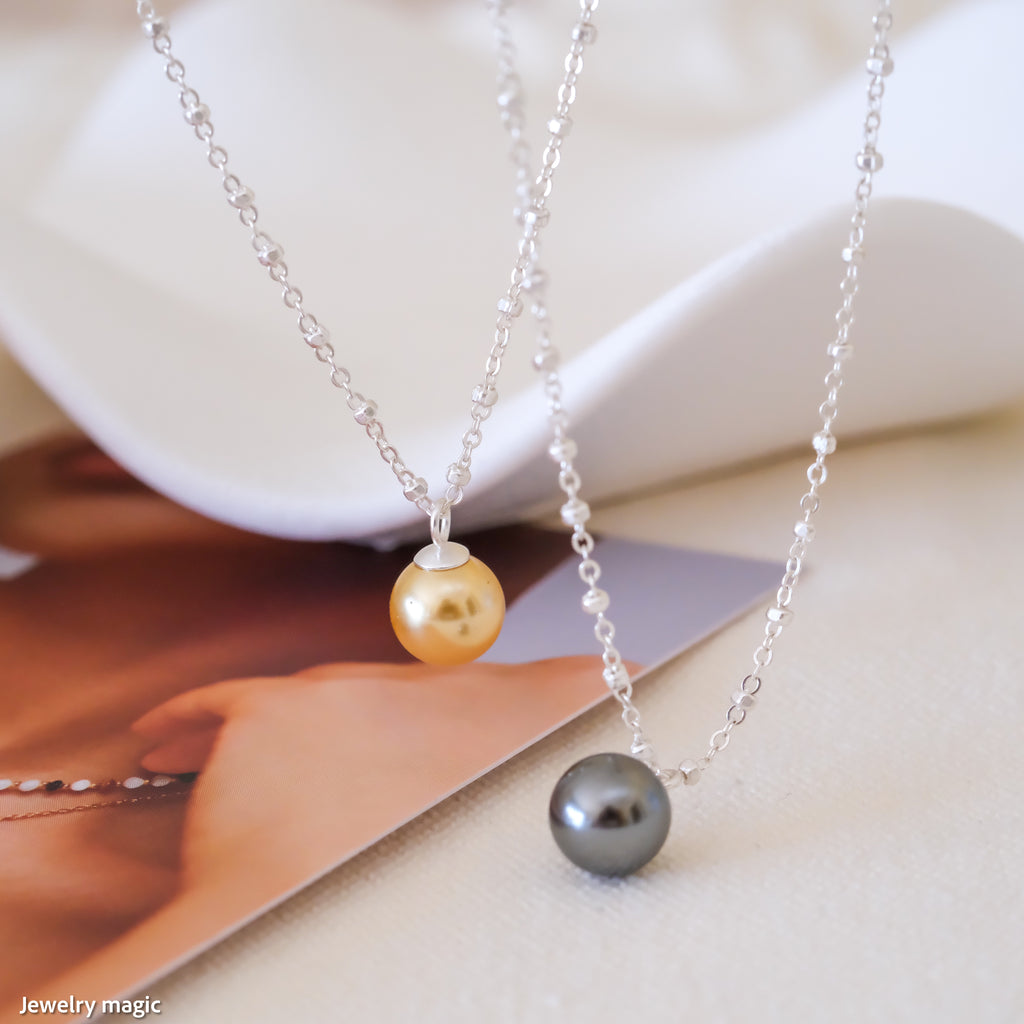 Silver Tahitian necklace, Chic Bridesmaid gifts, 8mm Dark gray pearls, Gifts for her