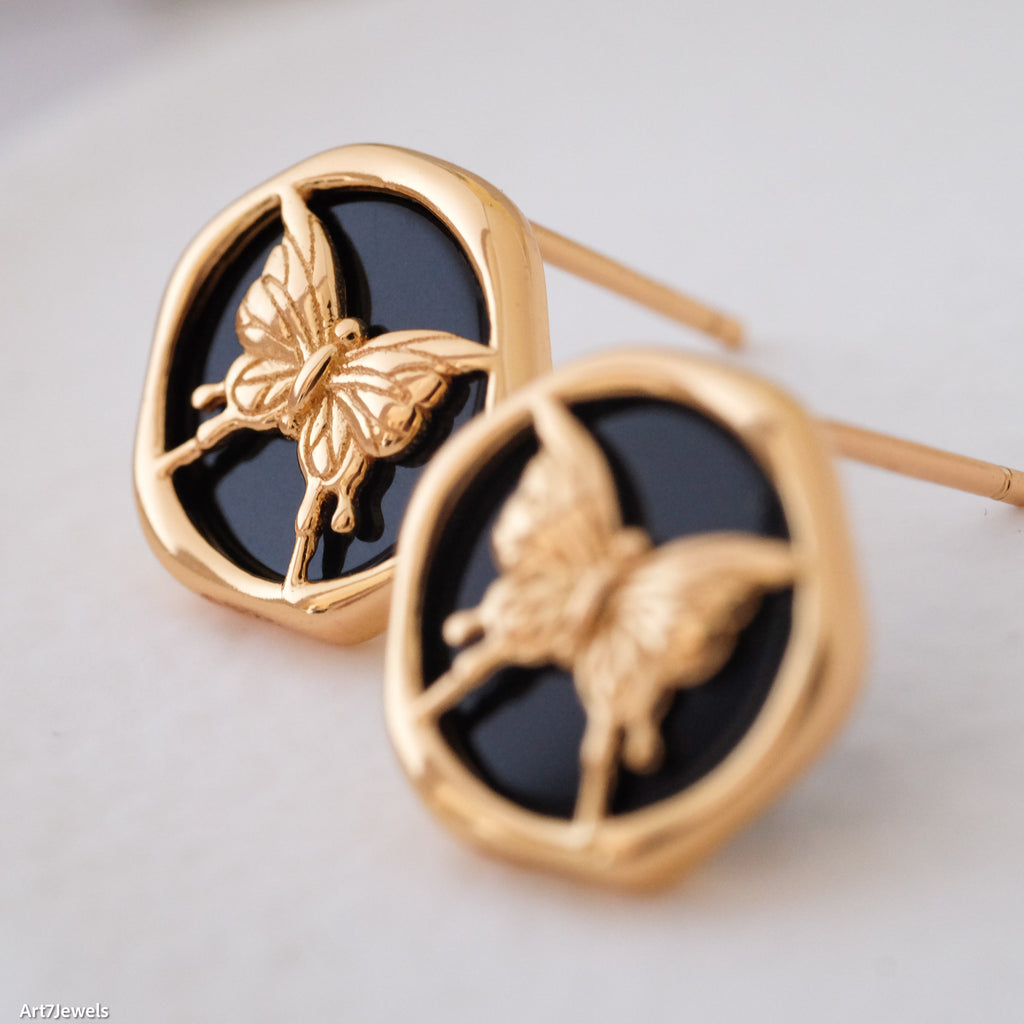 Butterfly stud earrings, Dainty black onyx earrings, Flatback earrings, Sterling silver earrings, Statement earrings, Gift for mom