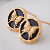 Butterfly stud earrings, Dainty black onyx earrings, Flatback earrings, Sterling silver earrings, Statement earrings, Gift for mom