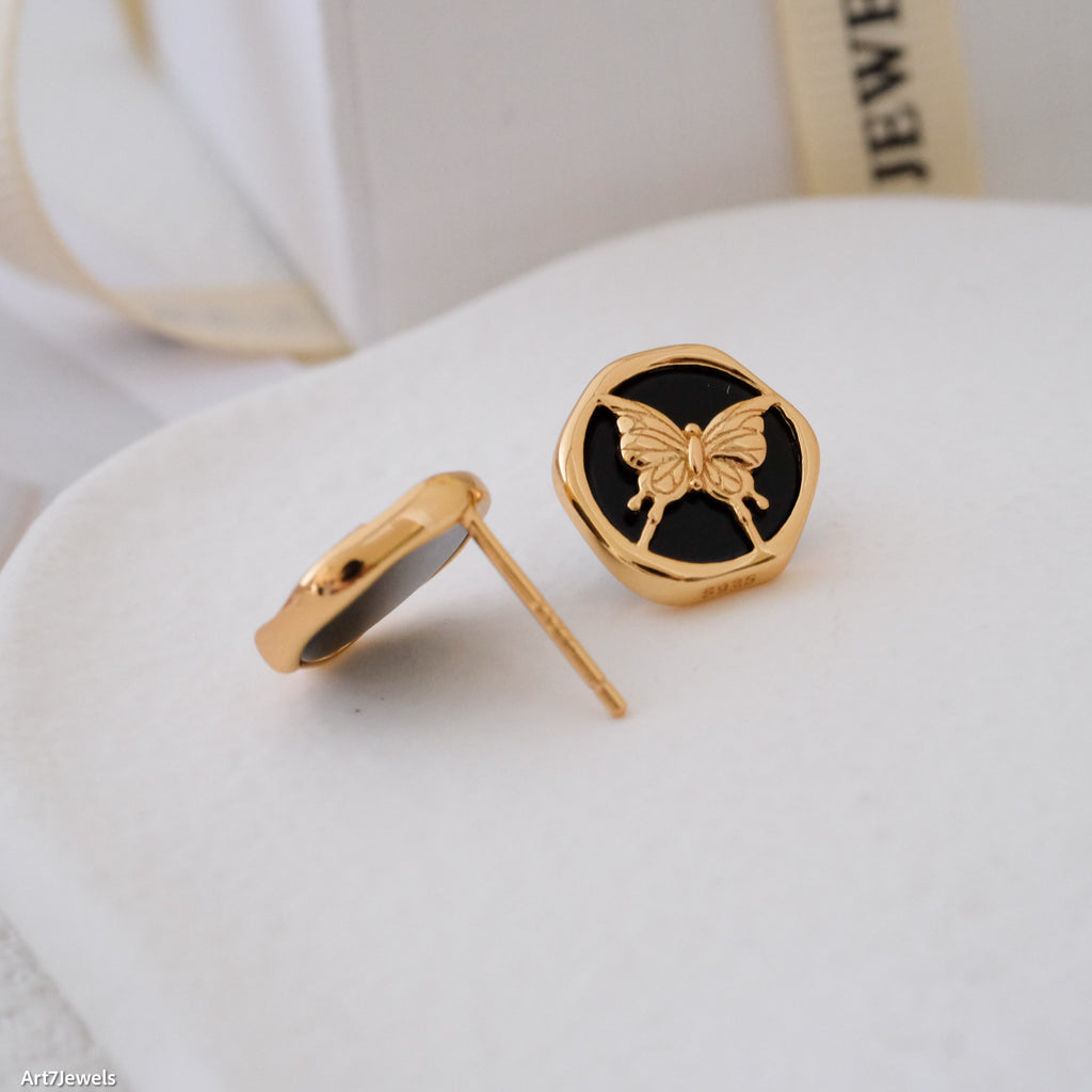 Butterfly stud earrings, Dainty black onyx earrings, Flatback earrings, Sterling silver earrings, Statement earrings, Gift for mom