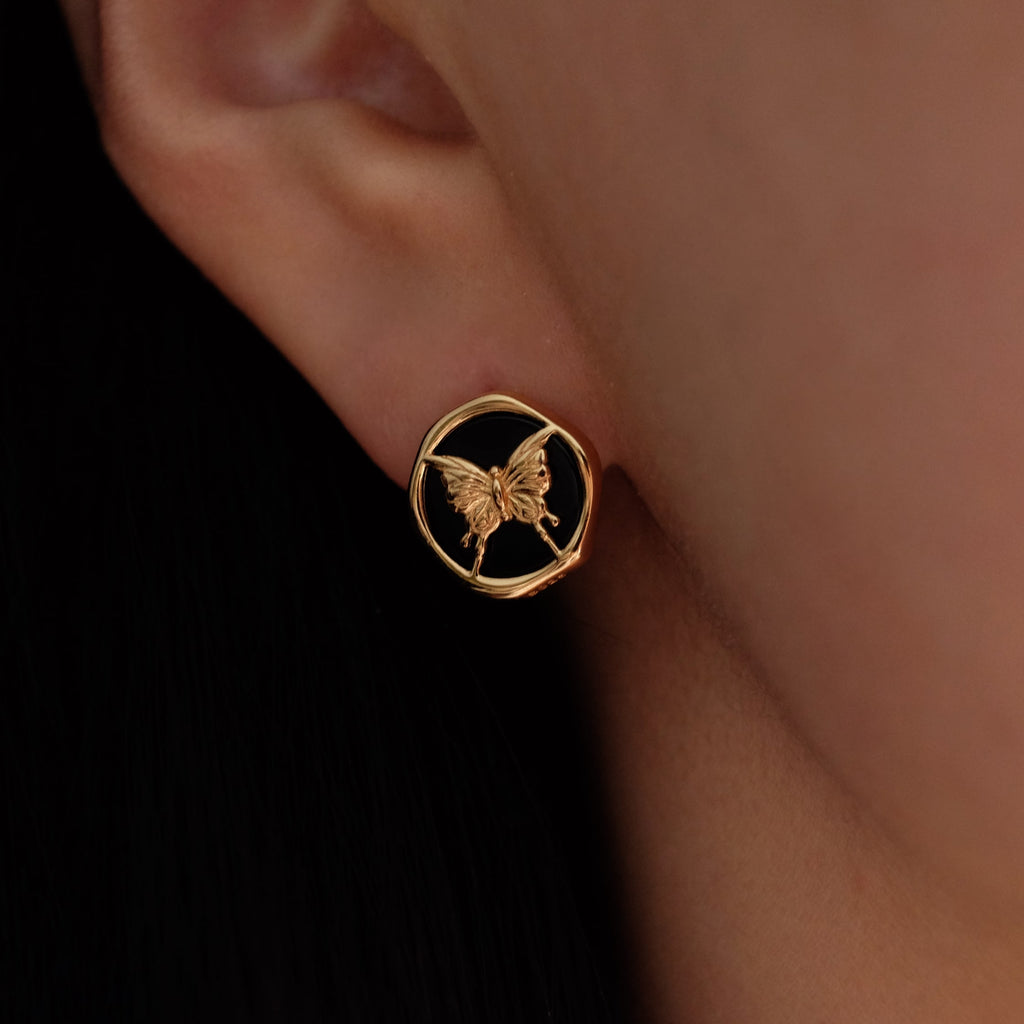 Butterfly stud earrings, Dainty black onyx earrings, Flatback earrings, Sterling silver earrings, Statement earrings, Gift for mom