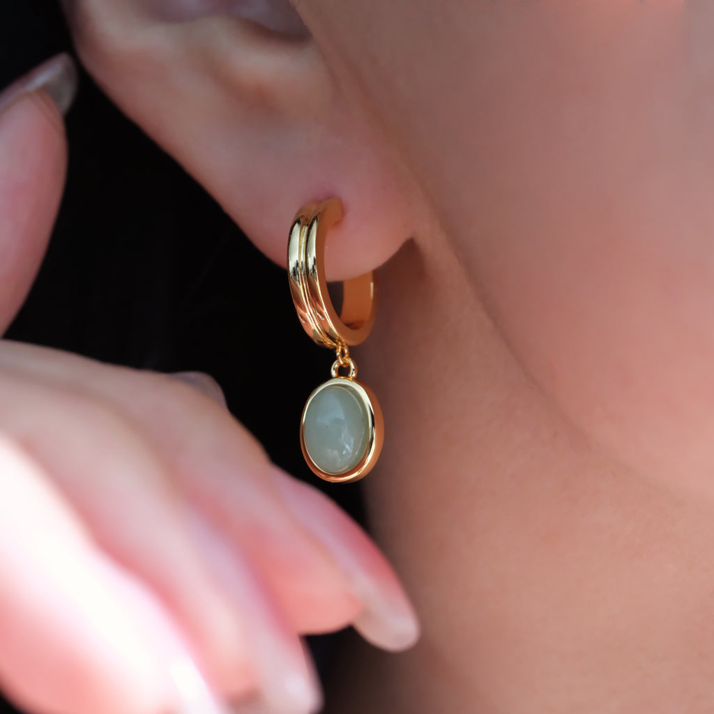 Oval green jade earrings, Jade dangle earrings, Gemstone hoop earrings, Gifts for her