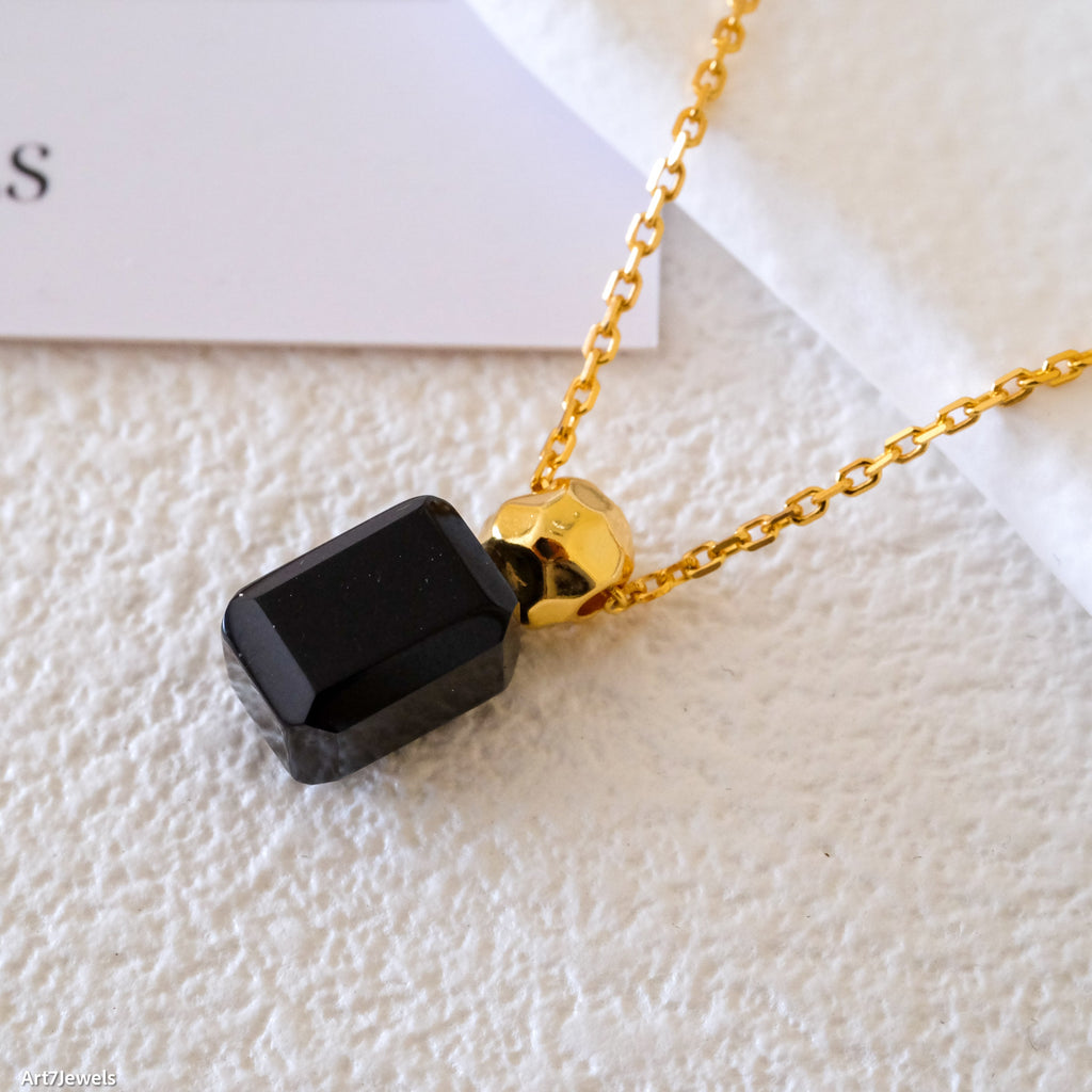 Dainty rectangular black onyx necklace, 18k gold black stone necklace, Minimalist Perfume bottle necklace, Silver necklace, Gift for her