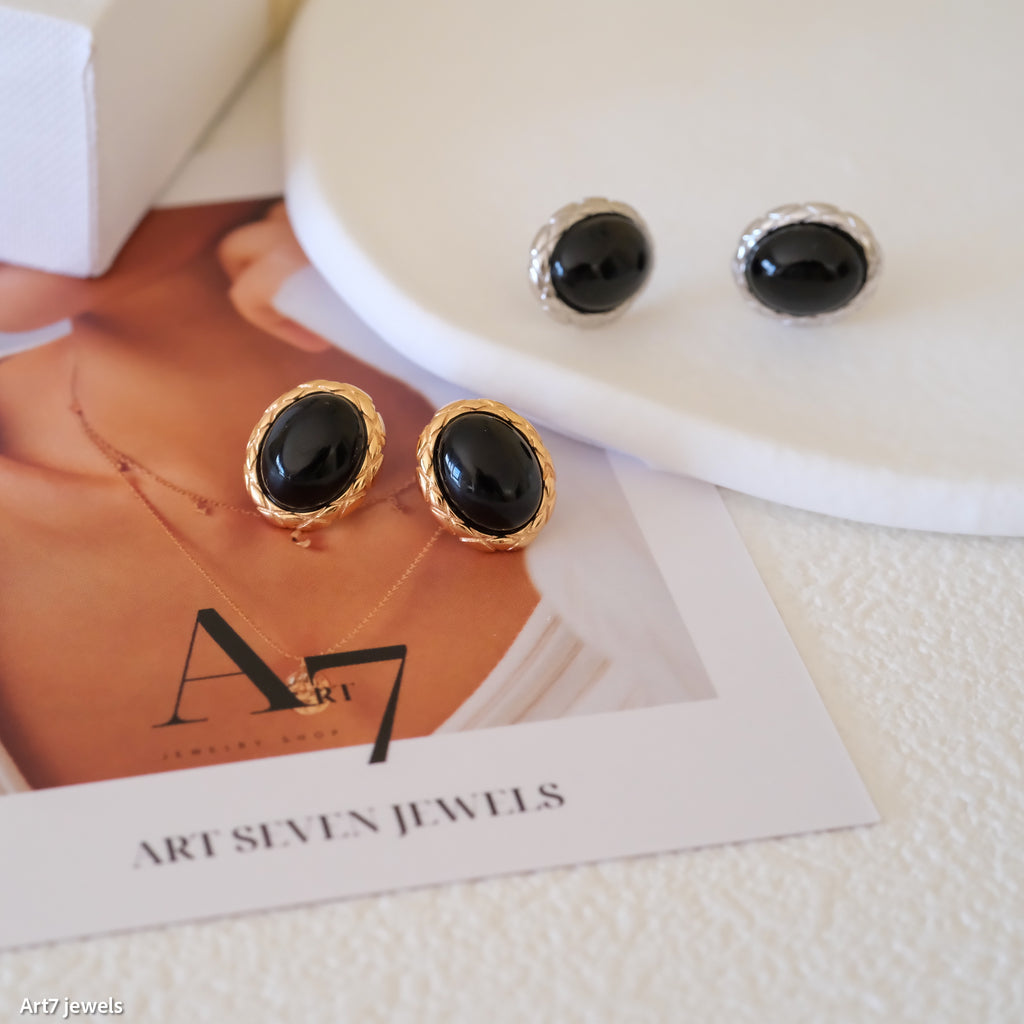 Oval Onyx Stud Earrings, Black onyx stud earrings, Oval onyx earrings, Vintage earrings, Sterling silver earrings, Gift for her