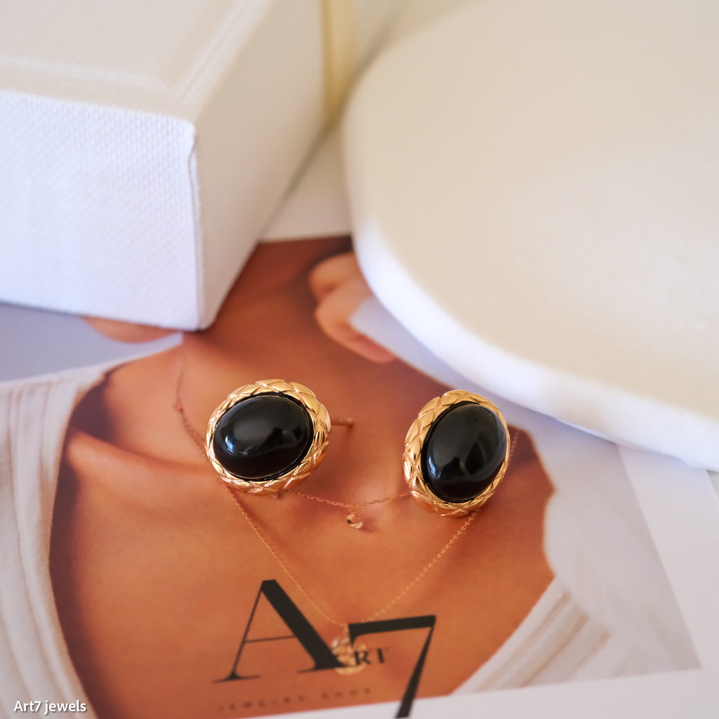 Black onyx stud earrings, Oval onyx earrings, Vintage earrings, Sterling silver earrings, Gift for her
