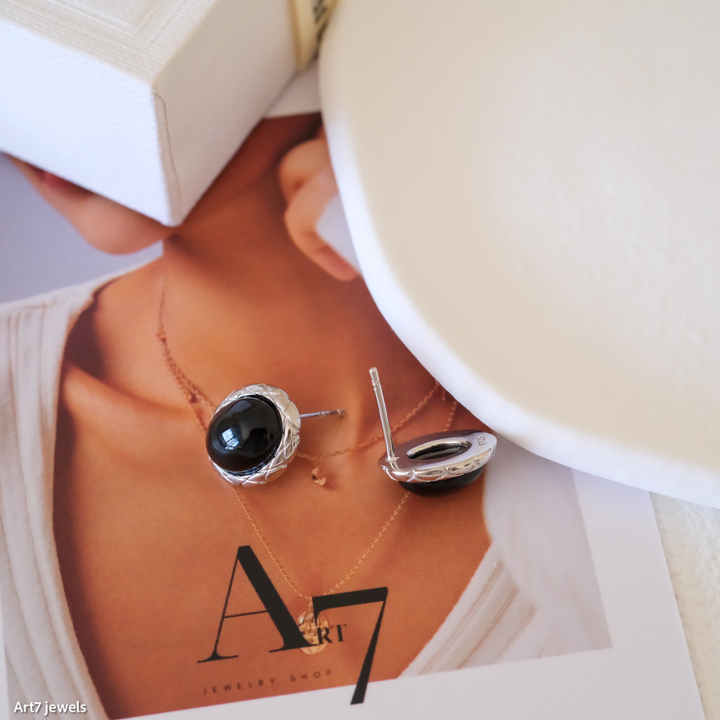 Oval onyx earrings, Vintage earrings, Sterling silver earrings, Gift for her