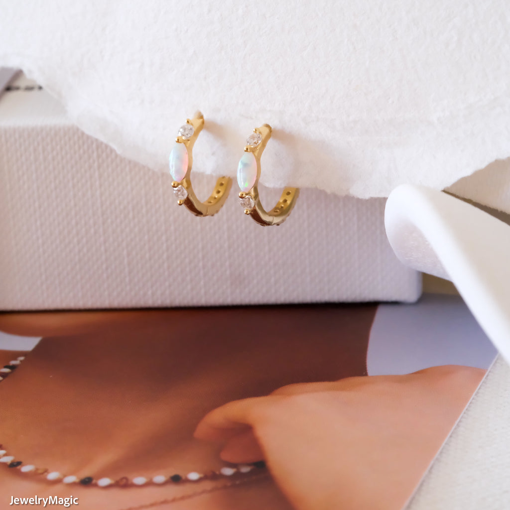 Dainty 18k gold opal hoop earrings, Opal Huggie hoops, Gold Huggie earrings, Opal earrings, Christmas gifts, Gifts for her