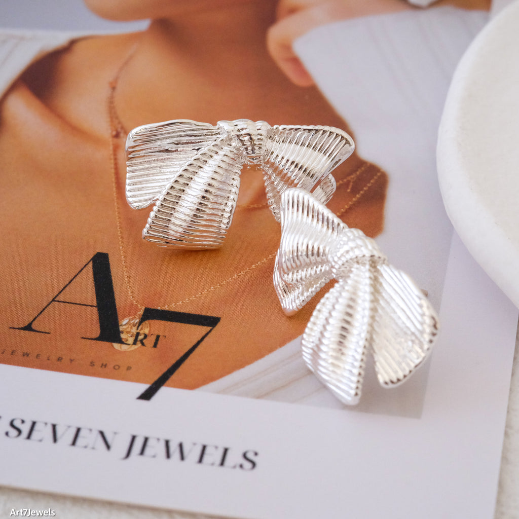 Bold bow stud earrings, Silver bow earrings, Ribbon bow earrings, Cute earrings, Birthday gifts, Gifts for her