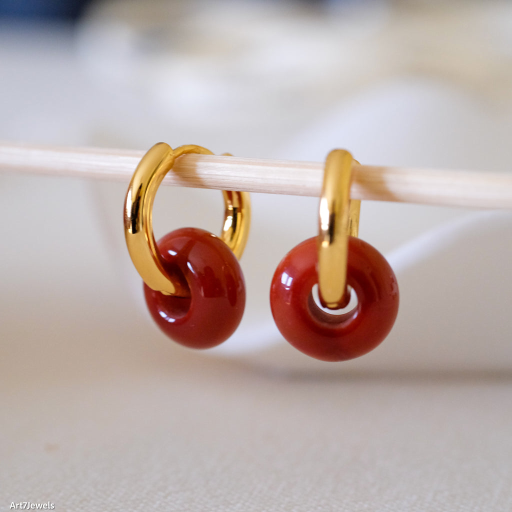 Red carnelian hoop earrings, Chunky gold hoop earrings, Red gemstone hoop earrings, Double hoop earrings, Anniversary gifts, Gifts for her