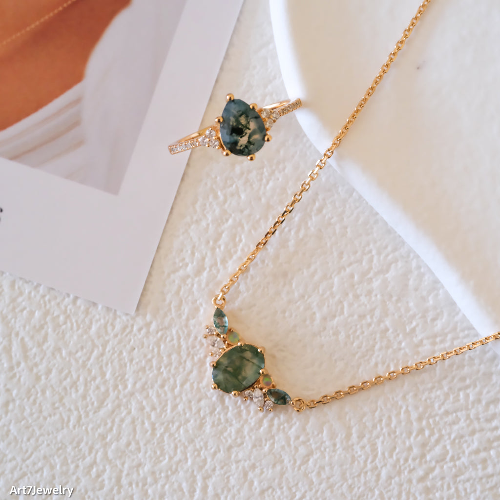 Gold moss agate necklace, Perfect gift for her