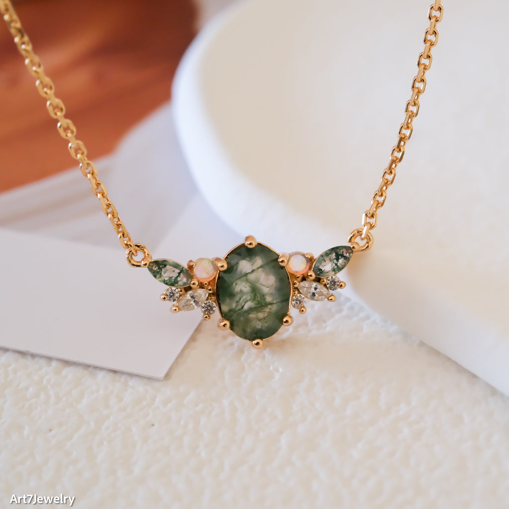 Gold moss agate necklace, Genuine Oval moss agate Pendant, Statement necklace, Perfect gift for her