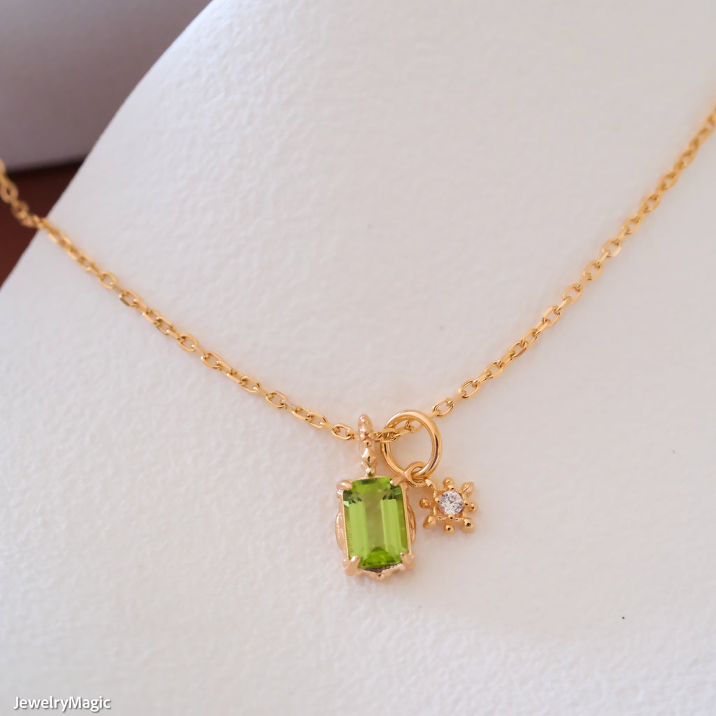 Dainty baguette peridot necklace, Green peridot pendant, Minimalist genuine peridot & white cz necklace, Gifts for her