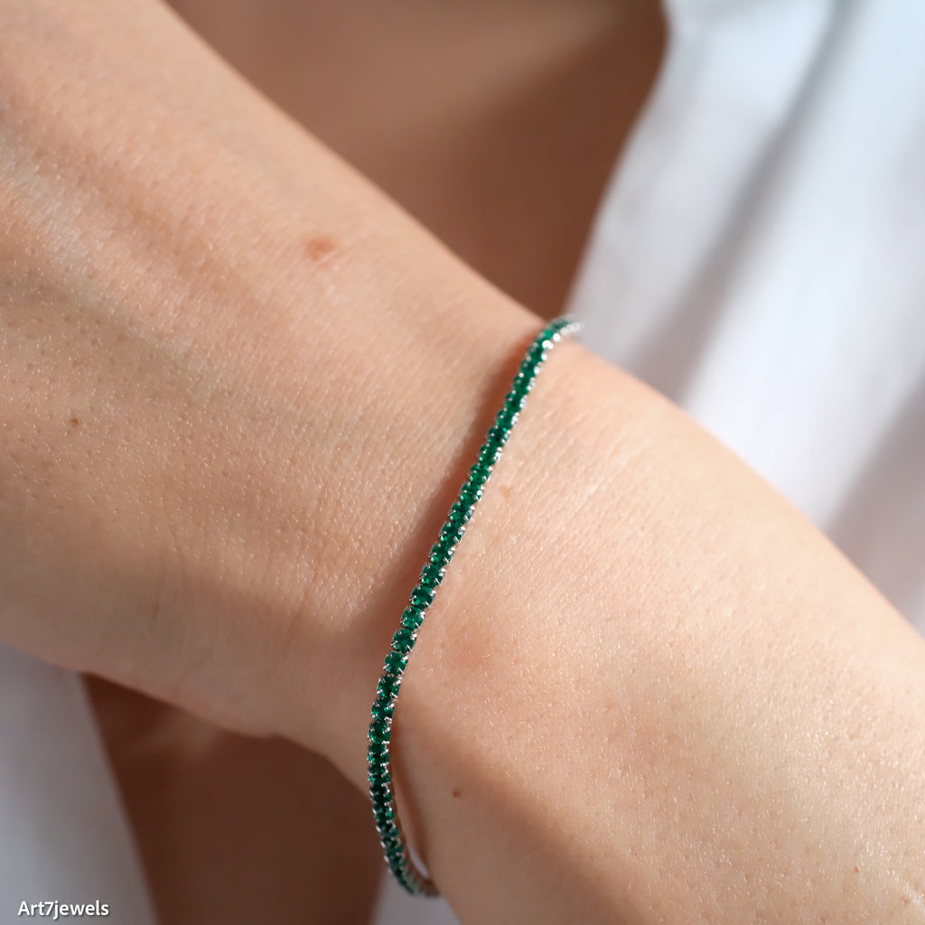 14k gold emerald tennis bracelet, Dainty emerald cz bracelet, 2mm tennis bracelet, Gifts for her, Christmas gifts