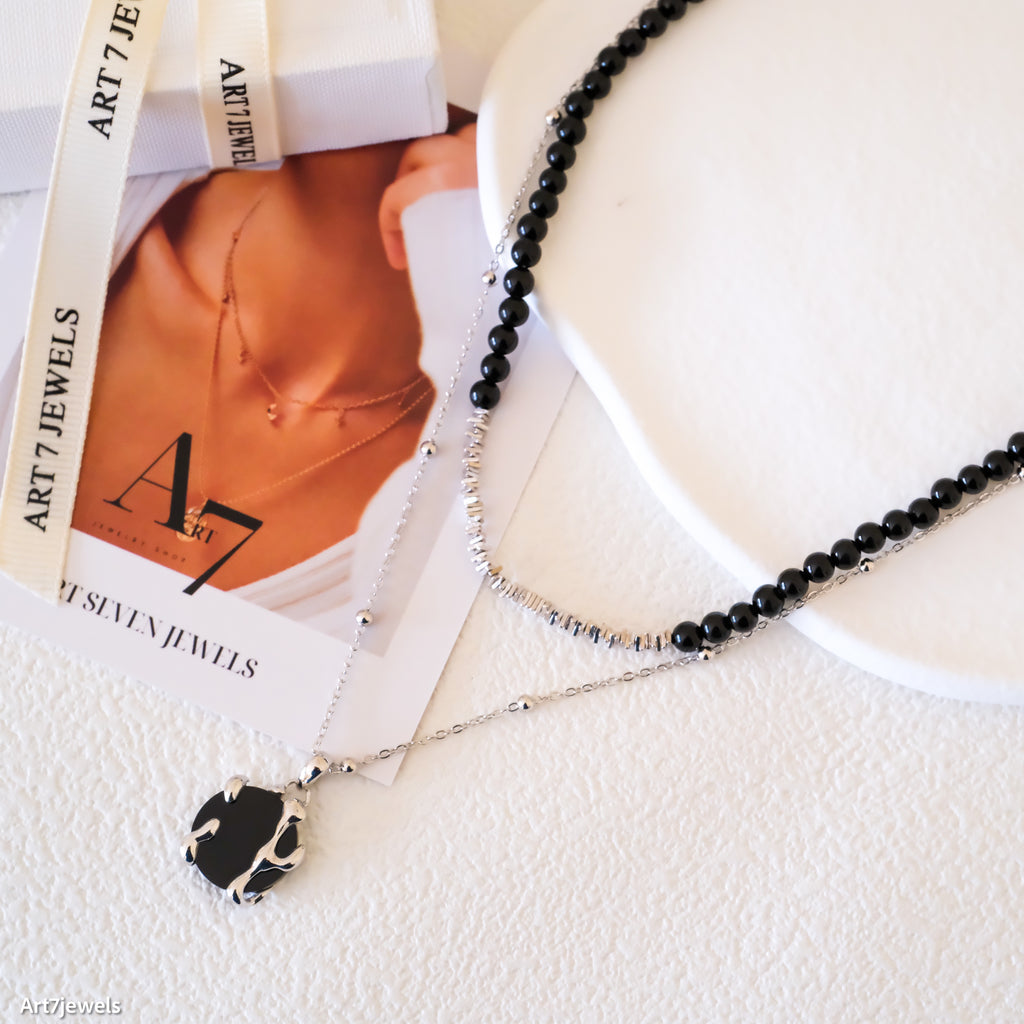 Dainty white gold onyx necklace