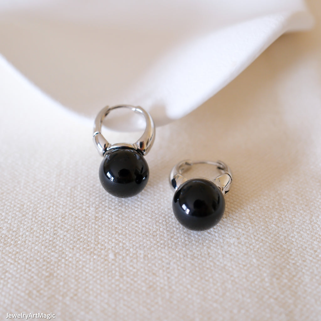 12mm Black onyx hoop earrings, Black stone earrings, Gemstone earrings, Everyday earrings, Bridesmaid gifts, Cool earrings, Gifts for her