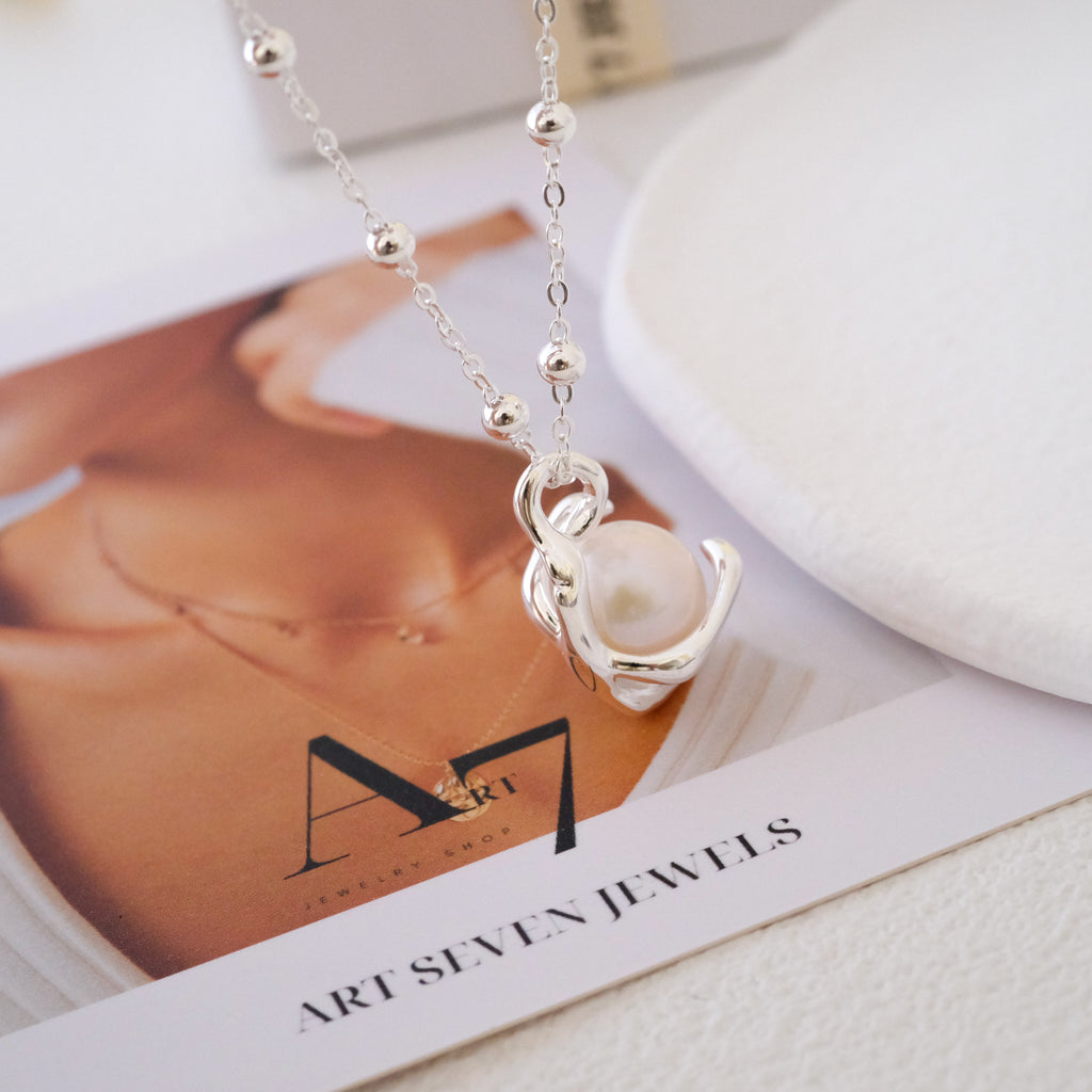 White pearl necklace, Freshwater pearl necklace, Natural pearl necklace, Flowing Silver Necklace, Gift for her