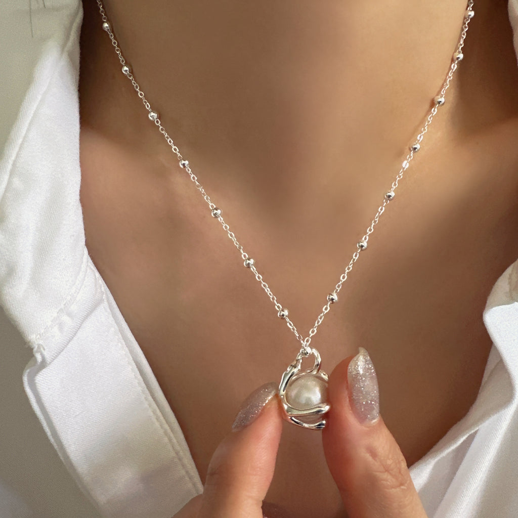 Natural pearl necklace, Flowing Silver Necklace, Gift for her