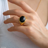 gold plated onyx ring, Black gemstone ring, Signet ring, Statement ring, Gifts for her