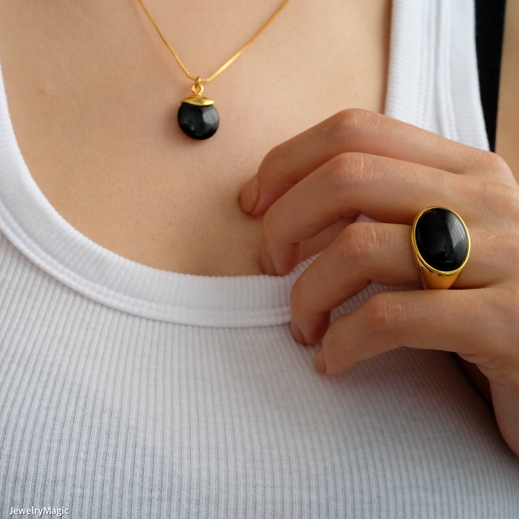 18k gold plated onyx ring, Black gemstone ring, Signet ring, Statement ring, Gifts for her