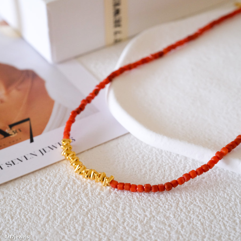 Natural red beaded gemstone choker,