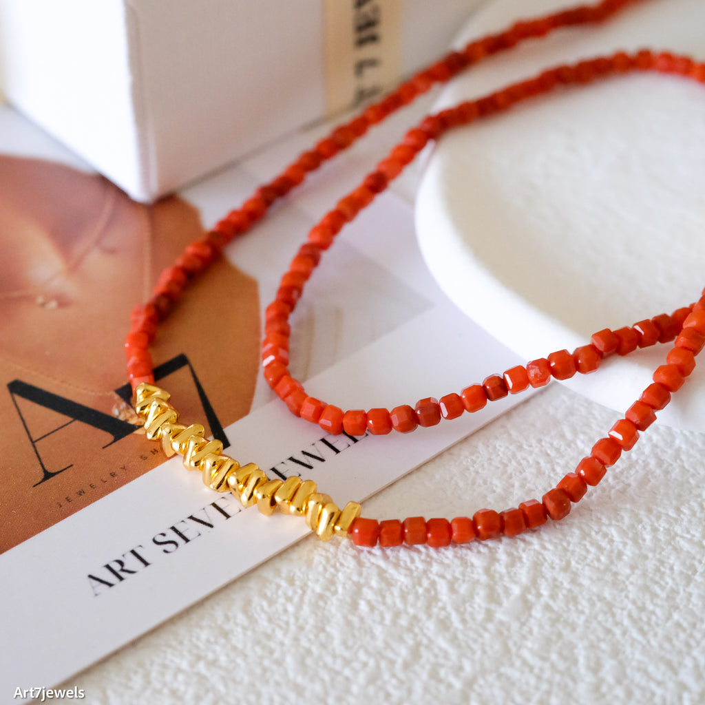 Minimalist Carnelian Necklace, Natural red beaded gemstone choker, necklace for women, July Birthstone, Birthday Gift for Her