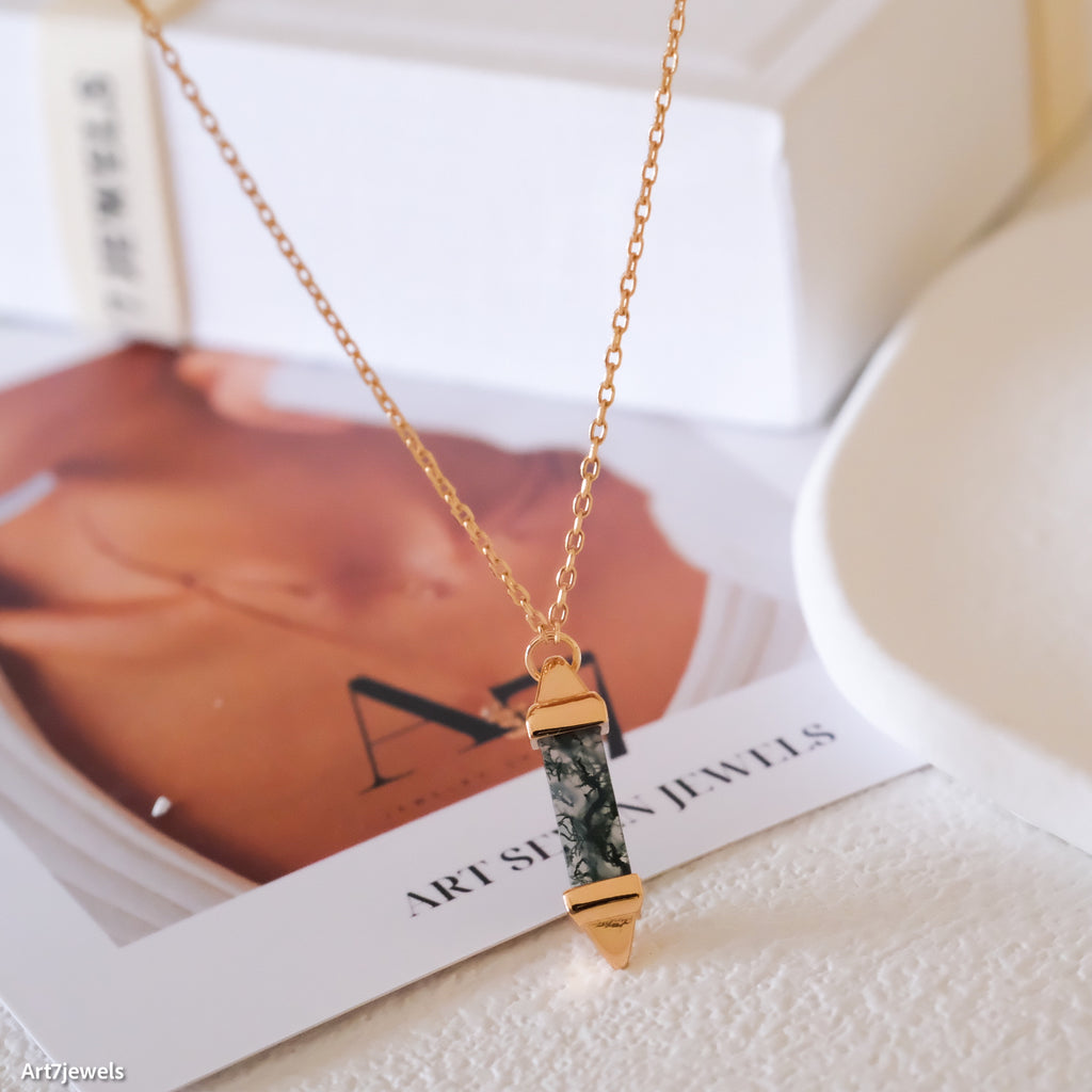 Geometric moss agate necklace, Genuine Agate Herkimer Pendant, Gold statement necklace, Gift for her
