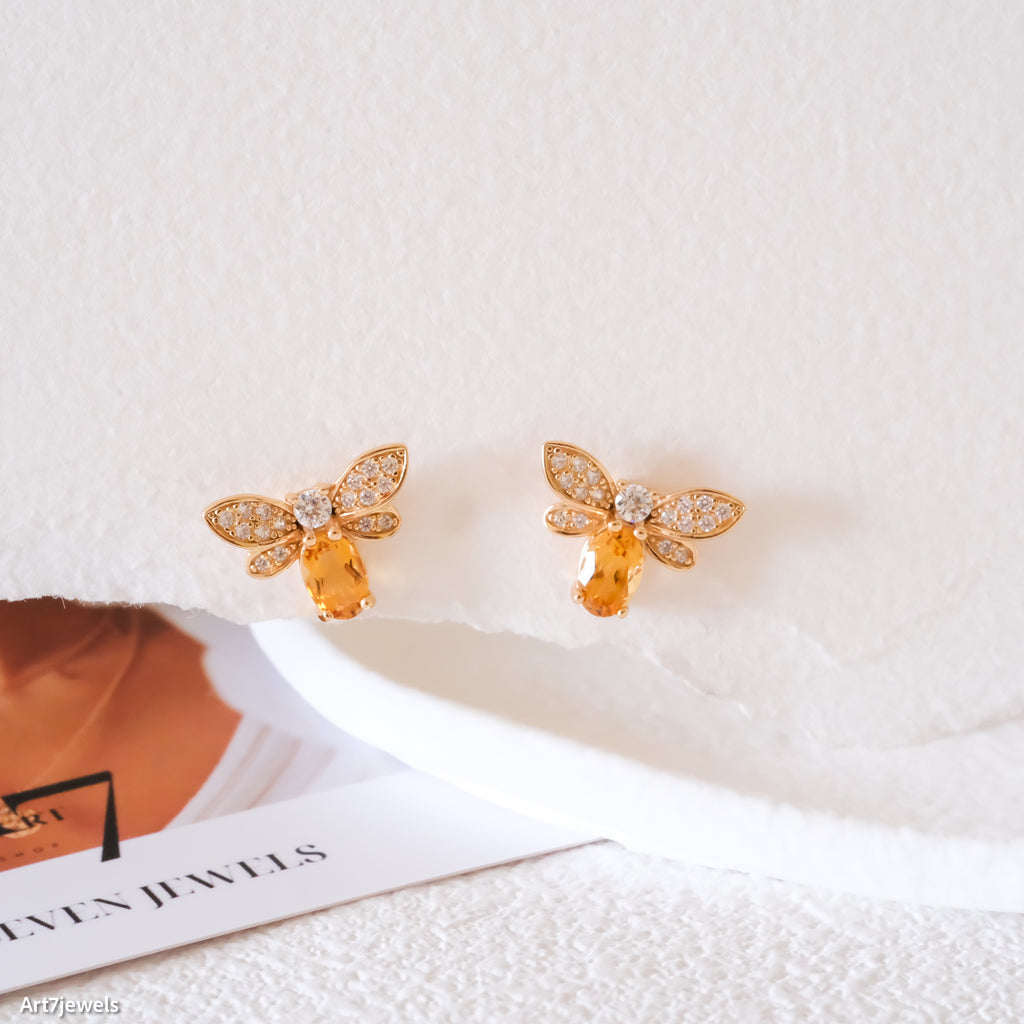 Genuine oval citrine earrings, Bee earrings, Cute earrings, Silver earrings, Gift for her,