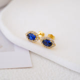 Gold sapphire earrings, Oval stone earrings, Vintage earrings, Sterling silver earrings, Gift for her