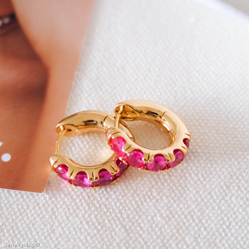 18k plated Red ruby hoop earrings, Ruby Cz Huggie earrings, Dainty ruby earrings, Gold huggie earrings, Minimalist earrings, Gifts for her