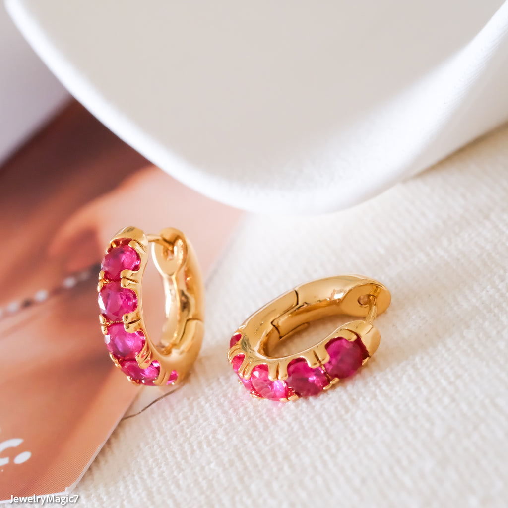 Ruby Cz Huggie earrings, Dainty ruby earrings, Gold huggie earrings, Minimalist earrings, Gifts for her