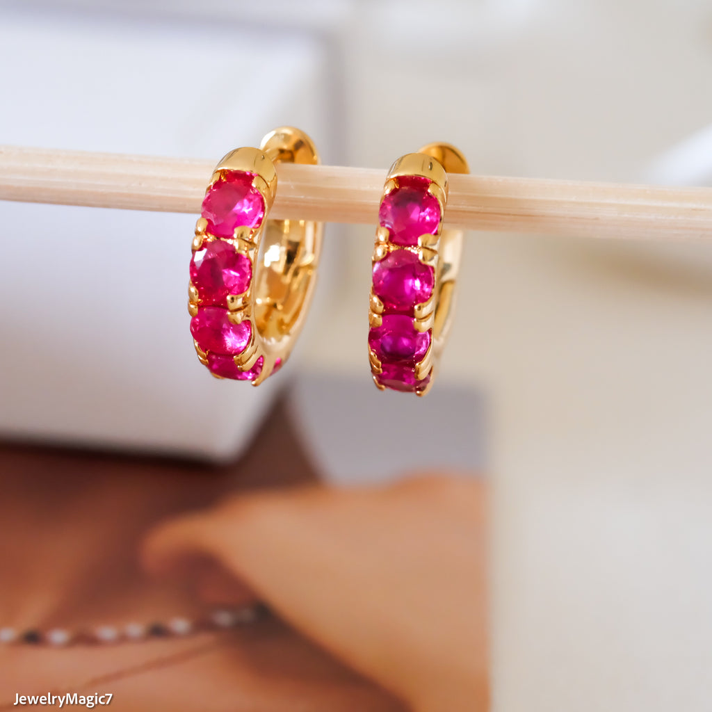 Dainty ruby earrings, Gold huggie earrings, Minimalist earrings, Gifts for her