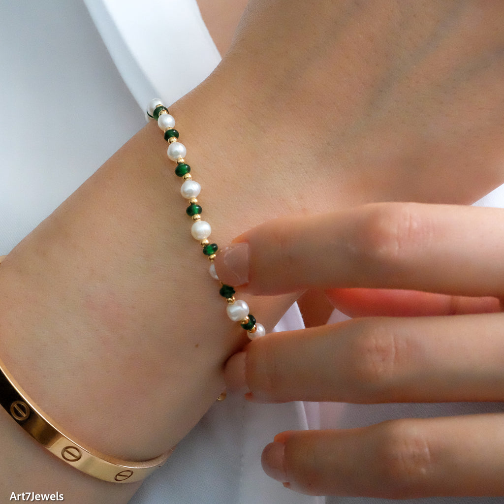Green emerald, freshwater pearls and gold beads bracelet, 925 silver bracelet , Gifts for sister