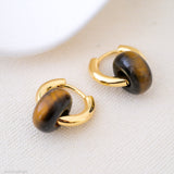 Chunky gold hoop earrings, Brown gemstone hoop earrings, Everyday earrings, Gifts for her