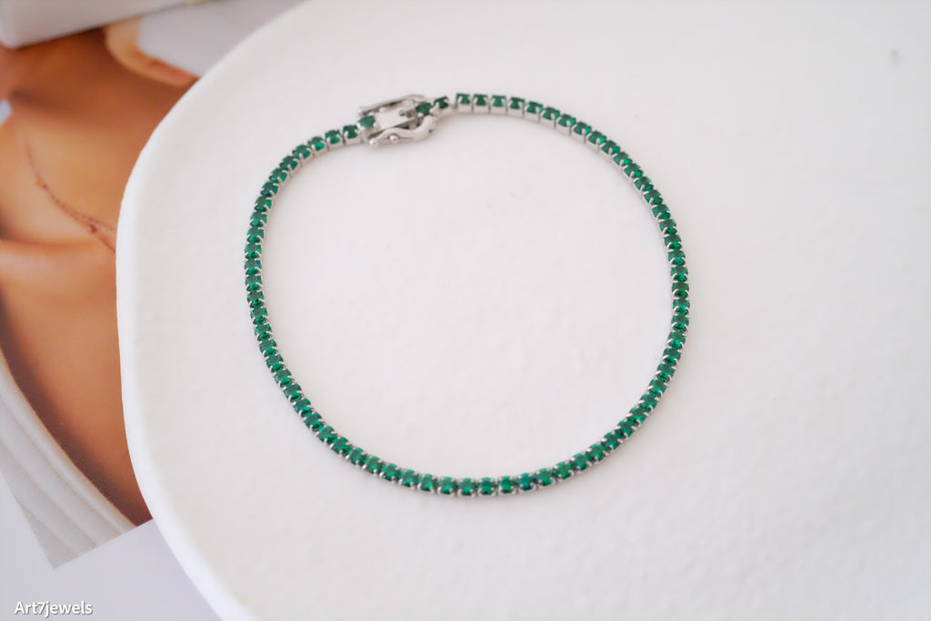 Dainty emerald tennis bracelet, Silver emerald bracelet, 2mm thin tennis bracelet, Green bracelet, Gifts for her
