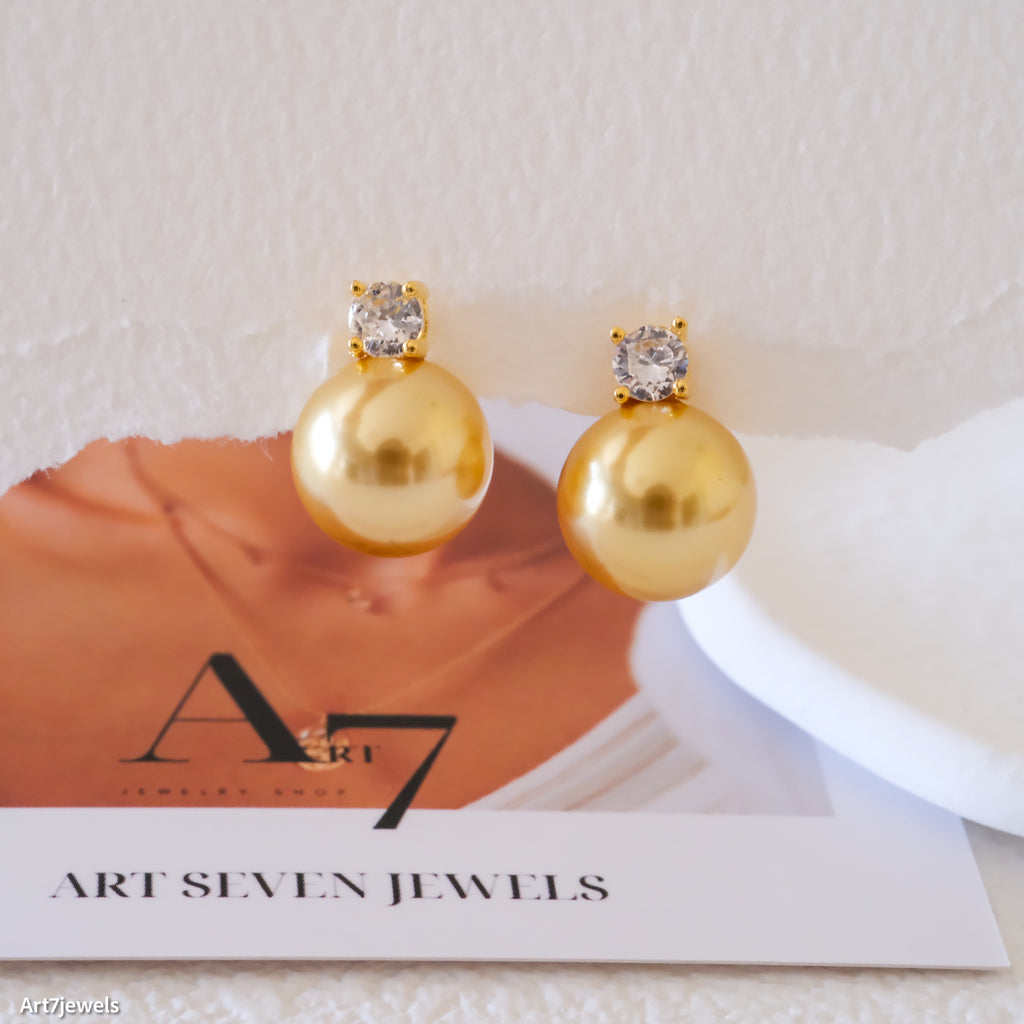 12mm Golden pearl earrings, Gold South Sea pearls stud earrings, Bridesmaid earrings, 925s Silver earrings,  Gifts for her