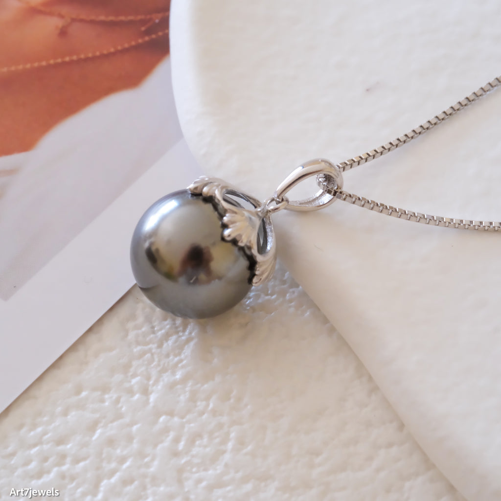 12mm black pearl pendant, Gray pearl necklace, Bridesmaid gifts, Silver necklace, Gifts for her