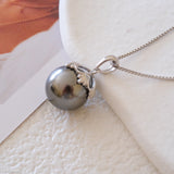 12mm black pearl pendant, Gray pearl necklace, Bridesmaid gifts, Silver necklace, Gifts for her