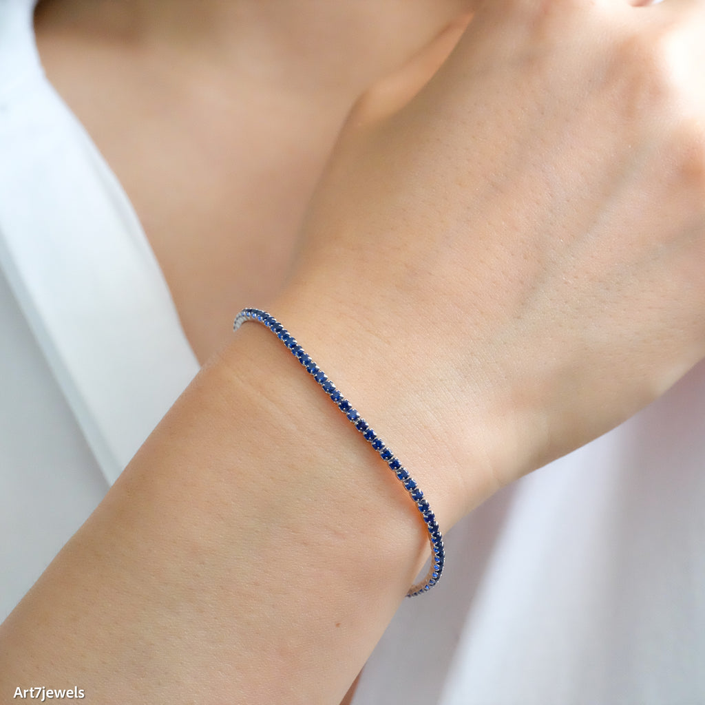 Silver Blue sapphire tennis bracelet, Dainty sapphire cz bracelet, 2mm tennis bracelet, Blue stone bracelet, Gifts for her, Unisex bracelet