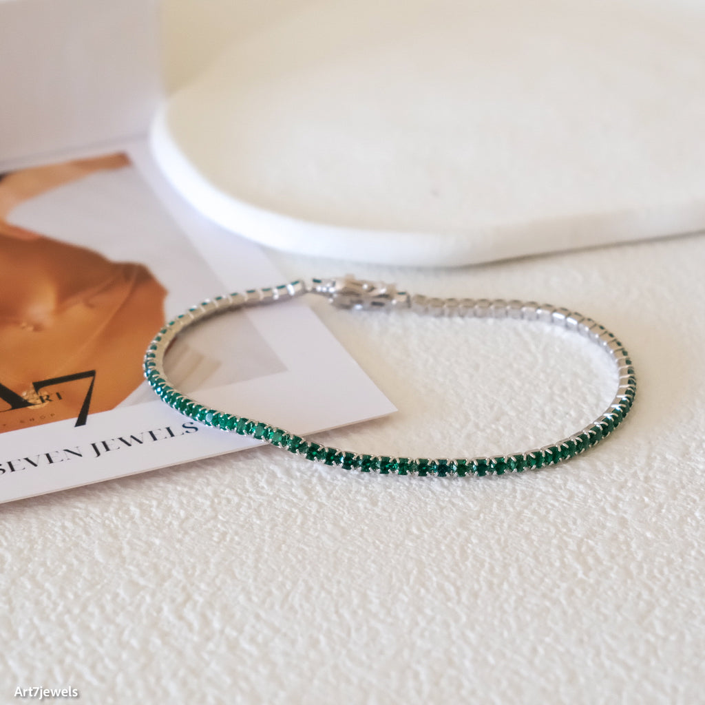 Silver emerald bracelet, 2mm thin tennis bracelet, Green bracelet, Gifts for her