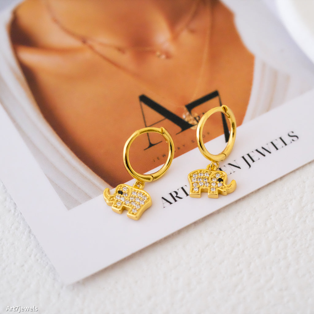 Dainty elephant huggie earrings, Cute elephant drop hoop earrings, Sterling Silver, Gifts for her
