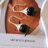 Natural black onyx ball dangle earrings, Black stone earrings, Statement earrings, Gifts for her