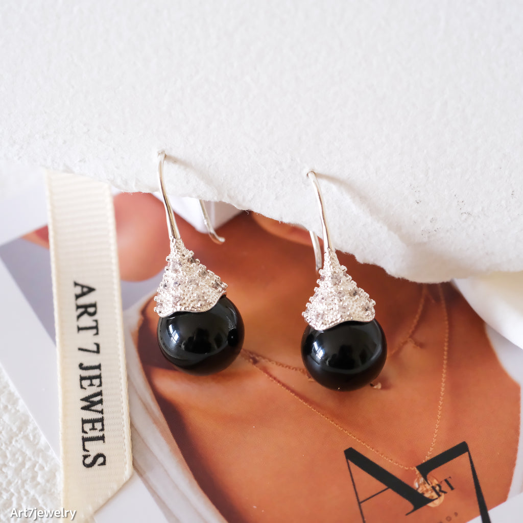 12mm black onyx earrings, Natural black onyx ball dangle earrings, Black stone earrings, Statement earrings, Gifts for her