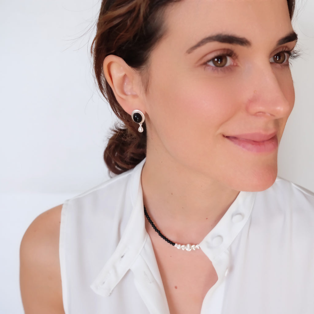 Silver oval black stone earrings, Gemstone earrings, Everyday earrings, Bridesmaid gifts, Gifts for her